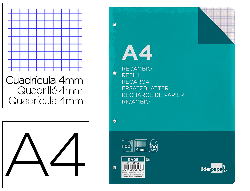 RECAMBIO LIDERPAPEL A4 100 HOJAS 100G/M2 CUADRO 4MM CON MARGEN 4 TALADROS