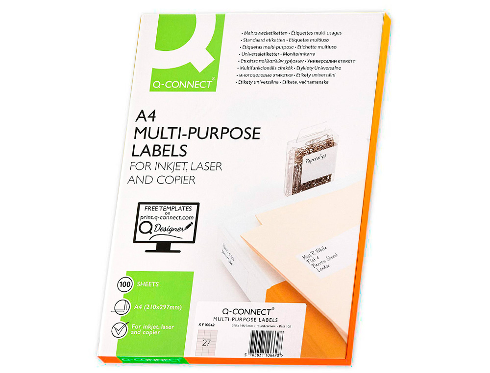 ETIQUETA ADHESIVA Q-CONNECT KF10642 TAMAÑO 70X30 MM FOTOCOPIADORA LASER INK-JET CAJA CON 100 HOJAS DIN A4