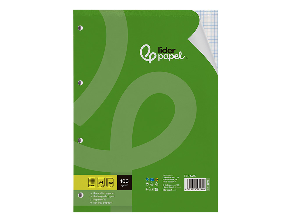 RECAMBIO LIDERPAPEL A4 100 HOJAS 100G/M2 CUADRO 4MM CON MARGEN 4 TALADROS