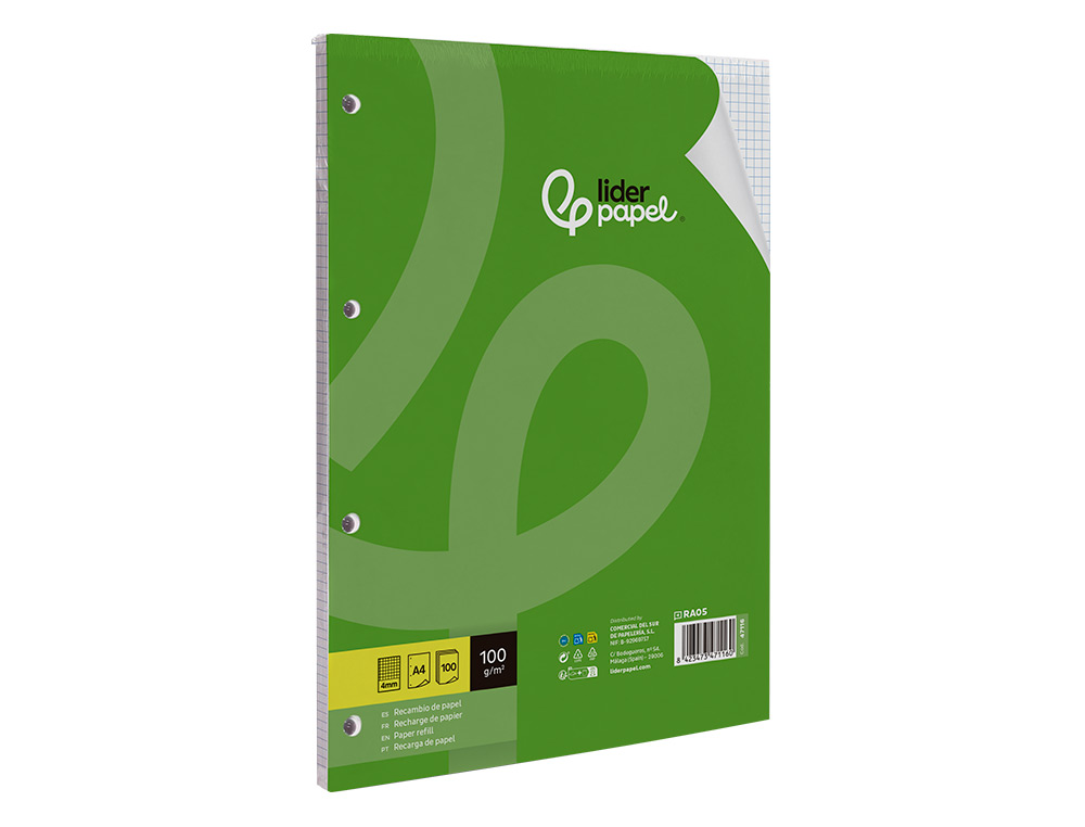 RECAMBIO LIDERPAPEL A4 100 HOJAS 100G/M2 CUADRO 4MM CON MARGEN 4 TALADROS