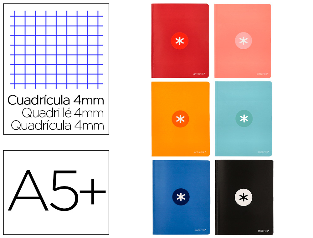 LIBRETA ANTARTIK A5+ PLUS COSIDA 48 HOJAS 90G/M2 CUADRO 4MM CON MARGEN 6 COLORES SURTIDOS