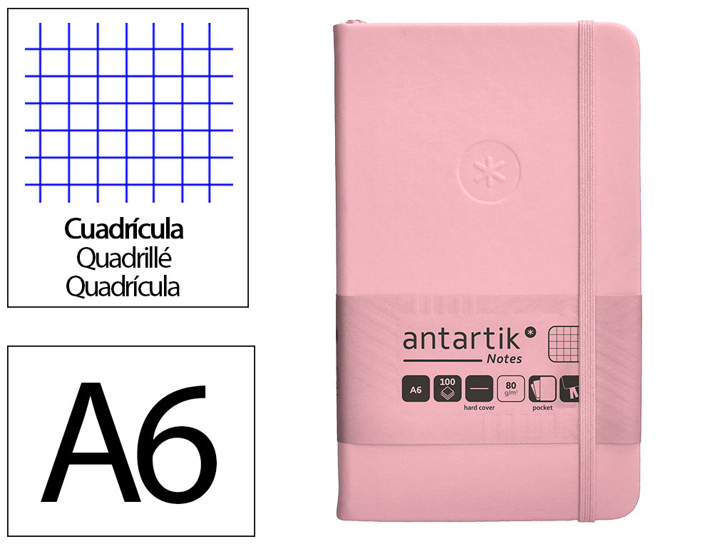 CUADERNO CON GOMILLA ANTARTIK NOTES TAPA DURA A6 HOJAS CUADRICULA ROSA PASTEL 100 HOJAS 80 GR FSC