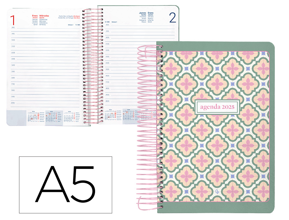 AGENDA ESPIRAL LIDERPAPEL PERISSA A5 2025 DIA PAGINA COLOR VERDE PAPEL 80 GR