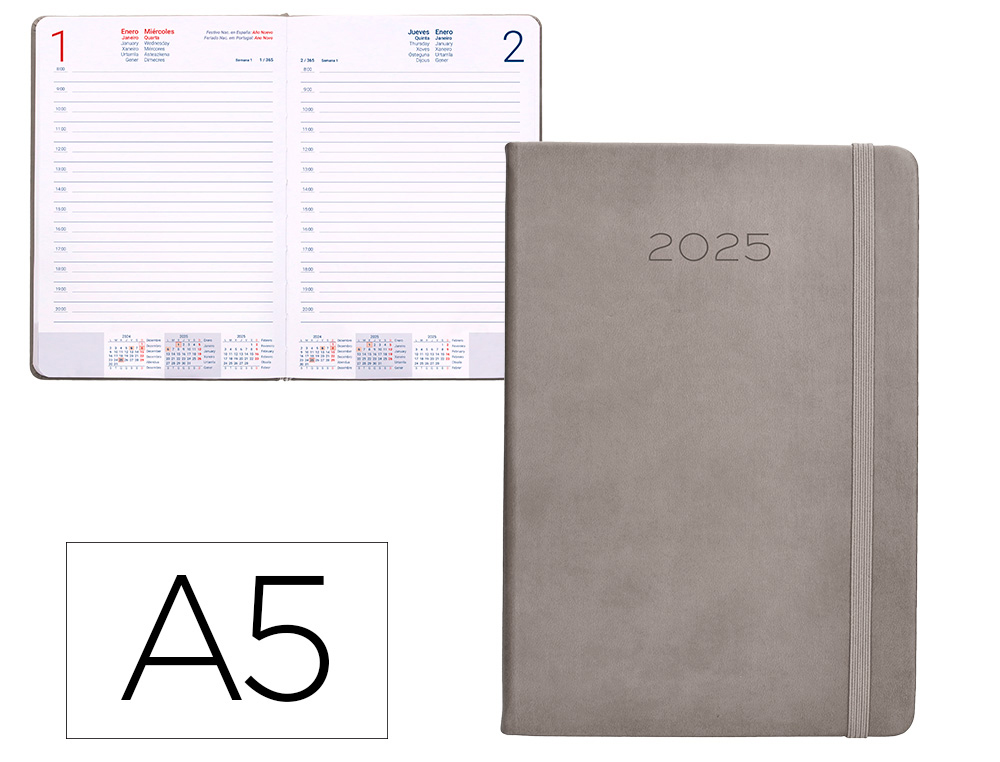 AGENDA ENCUADERNADA LIDERPAPEL MYKONOS A5 2025 DIA PAGINA COLOR GRIS PAPEL 70 GR