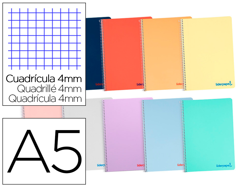 CUADERNO ESPIRAL LIDERPAPEL A5 WONDER TAPA PLASTICO 80H 90G CUADRO 4MM CON MARGEN COLORES SURTIDOS